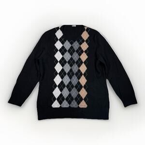 VTG Y2K J Crew Argyle 100% Cashmere Sweater Women's Size XL Black Beige Gray